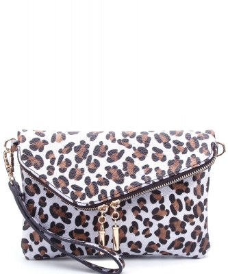 White Leopard Envelope Foldover Clutch Crossbody Bag LE023 WHITE TAN